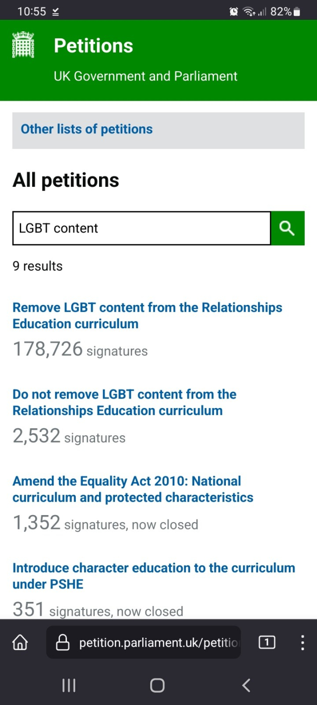 A screenshot from the UK government petitions website. It shows a petition to remove LGBT content from the curriculum has over 178,000 signatures and a petition to keep the content has just over 2,500 signatures.
