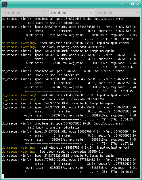 A terminal window showing dd_rescue recovering data from a hard drive with lost sectors.