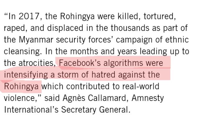 "In 2017, the Rohingya were killed, tortured, raped, and displaced in the thousands as part of the Myanmar security forces’ campaign of ethnic cleansing. In the months and years leading up to the atrocities, Facebook’s algorithms were intensifying a storm of hatred against the Rohingya which contributed to real-world violence,” said Agnès Callamard, Amnesty International’s Secretary General.