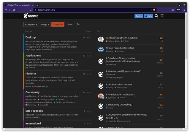 Window of Brave browser showing horizontal scroll bar at the bottom of the Gnome Discourse forum.