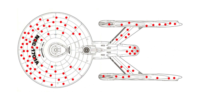 schematic drawing of the starship Enterprise  NCC-1701A from Star Trek with red dots scattered around the disc section, the shuttle bay and the warp nacelles, in reference to the widely known military plane illustration for survivorship bias 