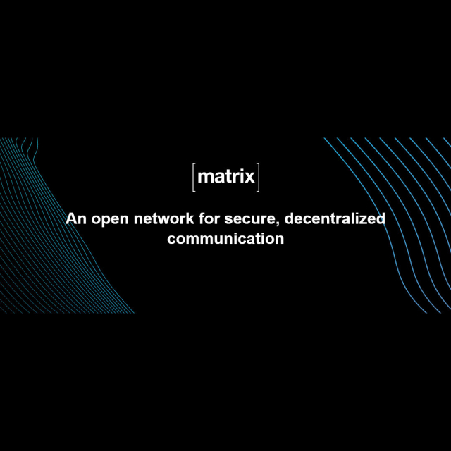 White text on black background with pattern of parallel lines on left and right in the center:
[matrix} An open network for secure, decentralized communication