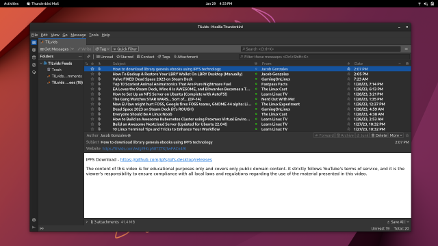 Picture of Thunderbird client in RSS feed mode showing new videos from tilvids.com, on Ubuntu Linux desktop.