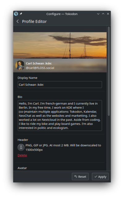 Screenshot of Tokodon, KDE's Mastodon app, showing the Profile Editor, where you can change your name, your bio, your profile and header images and so on.