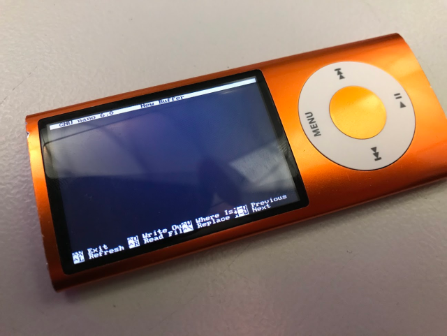 GNU nano 6.0 (empty buffer) on an iPod Nano 5G.