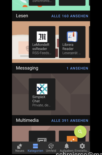 Screenshot: Der Kategorie-Tab ist in der F-Droid-App geöffnet. In der Kategorie "Messaging" wird nur eine App angezeigt - und zwar "SimpleX Chat"