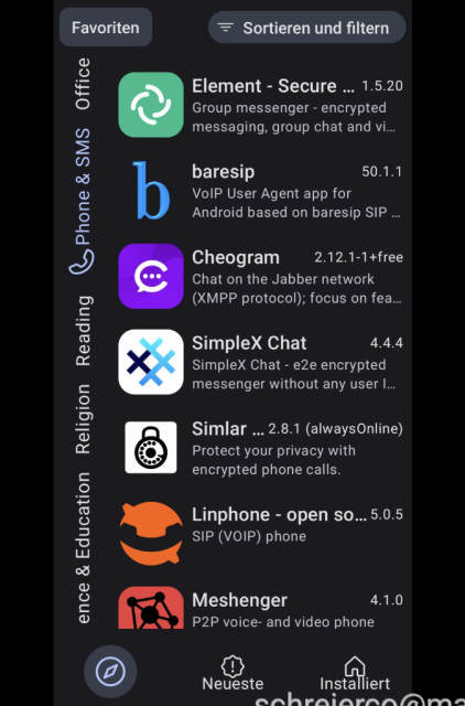 Screenshot von offener Neo Store-App. Die Kategorie "Phone & SMS" zeigt unter anderem die App Simplex Chat.