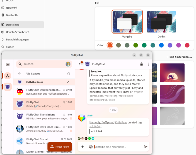 Screenshot of Ubuntu Desktop where you can see that FluffyChat uses the accent color