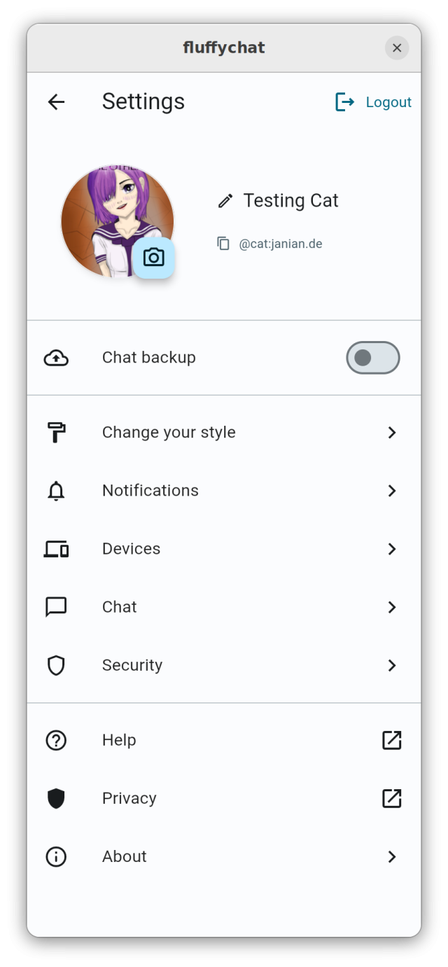 Screenshot of the FluffyChat settings page