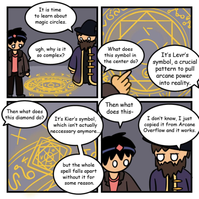 Four panel comic depicting a bearded wizard and his young apprentice standing by a magic circle with several arcane sigils.

First panel: The wizard says, "It's time to learn about magic circles." Apprentice says, "Ugh, why is it so complex?"

Second panel (close up of the circle): Apprentice points to a sigil and asks, "What does this symbol in the center do?" Wizard replies, "It's Levr's symbol, a crucial pattern to pull arcane power into reality."

Third panel (close up of another part of the circle): Apprentice asks, "Then what does this diamond do?" Wizard replies, "It's Kier's symbol, which isn't actually necessarily anymore... but the whole spell falls apart without it for some reason."

Fourth panel: Apprentice asks, "Then what does this--" Wizard responds, "I don't know. I just copied it from Arcane Overflow and it works."