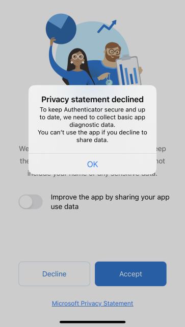 Screenshot of Microsoft authenticator app saying I cannot use the app unless I consent to “improve the app by sharing your app use data” because they “need” it