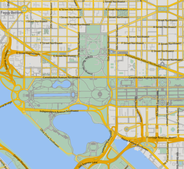 A map of Washington, D.C. in light mode