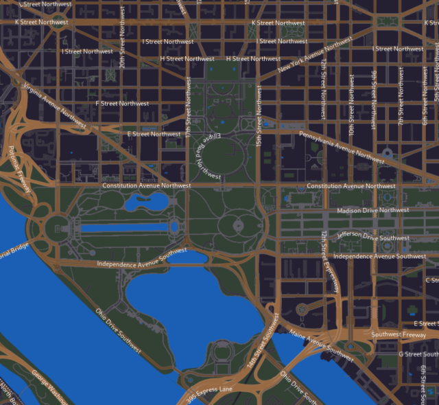 A map of Washington, D.C. in dark mode