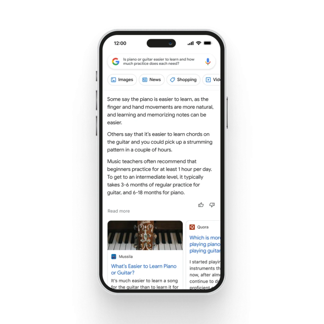 Rendering of an iPhone with a Google result page for "Is piano or guitar easier to learn and how much practice does each need?" with a three paragraph AI-generated response from "Bard." Two search results are partially-obscured at the bottom of the screen.