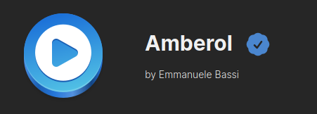 The Amberol heading on the Flathub beta website, with a blue check mark signifying that the application is published by its owner