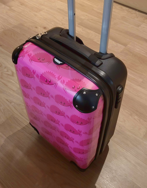 A trolley/suitcase. The front half of it is hot pink with a pattern of a few dozen copies of Ferris the crab.