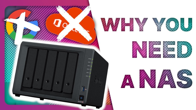 Thumbnail of a youtube video with the text "Why you need a nas" written on the left side, ove ra white cutout, and a picture of a NAS on the left, with a google logo and an Office 365 logo barred by a white cross on the left