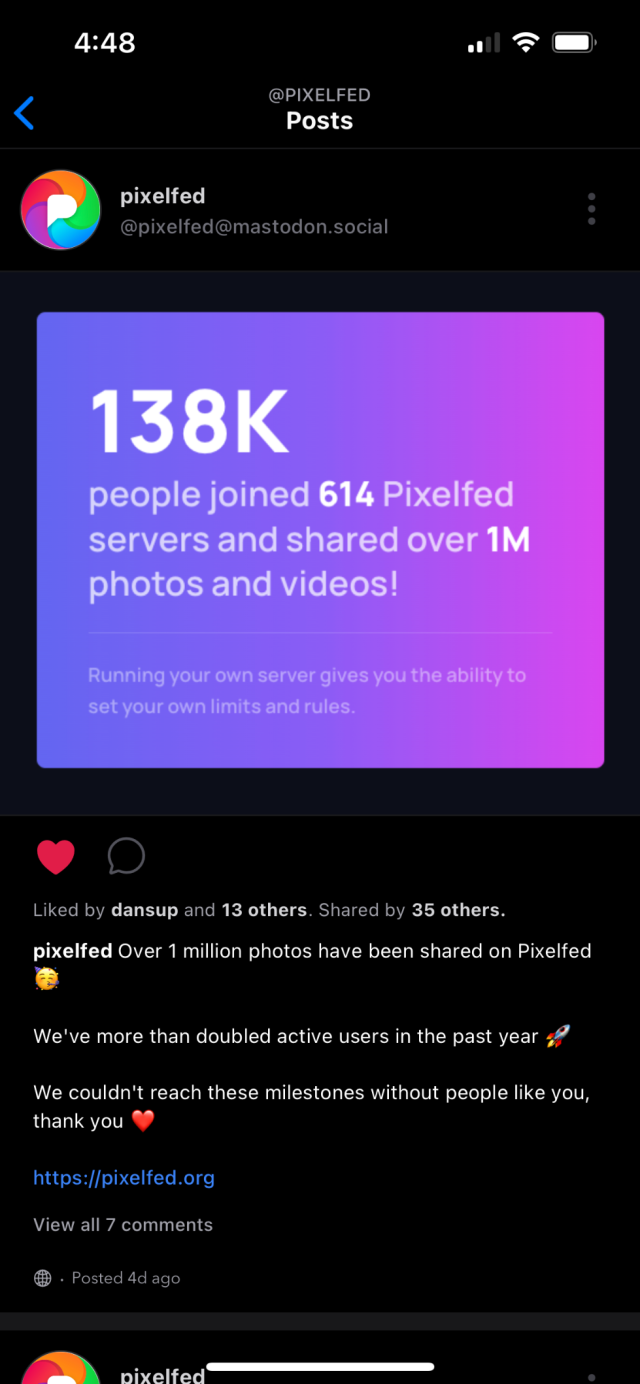 Pixelfed mobile app remote post with improved rendering