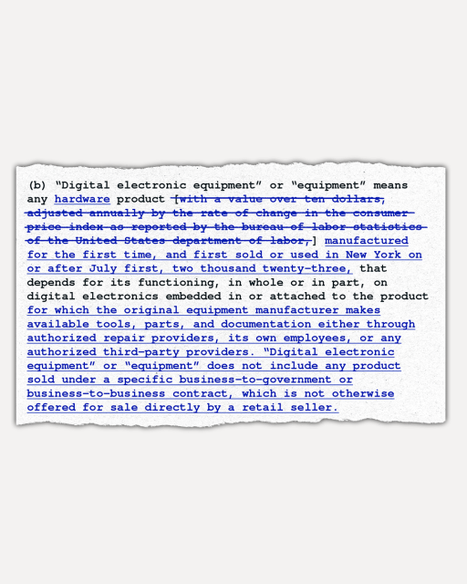 A mocked up version of the previous slide, which uses blue strikethrough and blue text to demonstrate the significant cuts and additions made to section B of New York's Digital Fair Repair Act. This is the final version of the bill that Hochul signed in December. 

The definition of equipment removed the value of ten dollars and instead introduces equipment as any hardware product manufactured for the first time, and first sold or used in New York on or after July first of 2023.

The text also has substantial additions, which read that digital electronics are something "for which the original equipment manufacturer makes available tools, parts, and documentation either through authorized repair providers, its own employees, or any authorized third party providers. 'Digital electronic equipment' does not include any product sold under a specific business-to-government or business-to-business contract, which is not otherwise offered for sale directly by a retail seller."