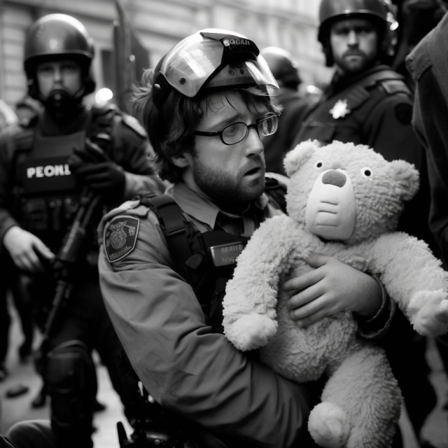 Retrato generado artificialmente de un hombre policía en la calle abrazandi6un oso de peluche. 