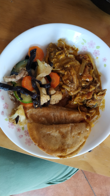 foto de un plato servido con verduras, curry y quesadillas