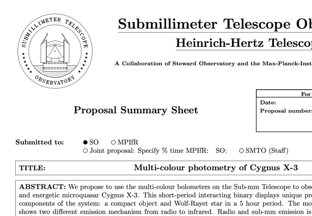 A telescope proposal rendered in LaTeX showing the logo of the Submillimeter Telescope Observatory and the title of the proposal.