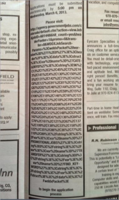 Giant 4000 character long URL in a newspaper classified ad 