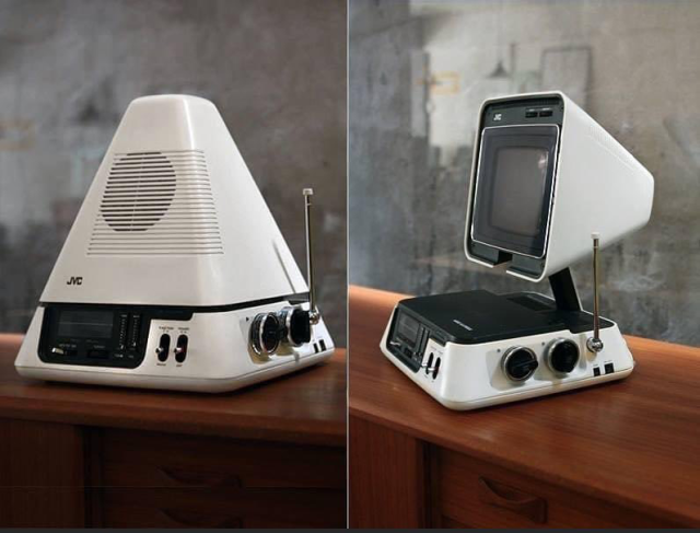 Photo of a JVC Video Capsule a white pyramid shaped television.