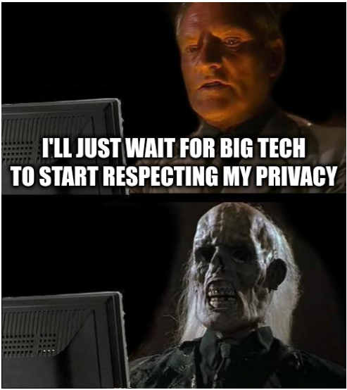 Meme about person waiting for Big tech to respect their privacy until they turn into a skeleton.
