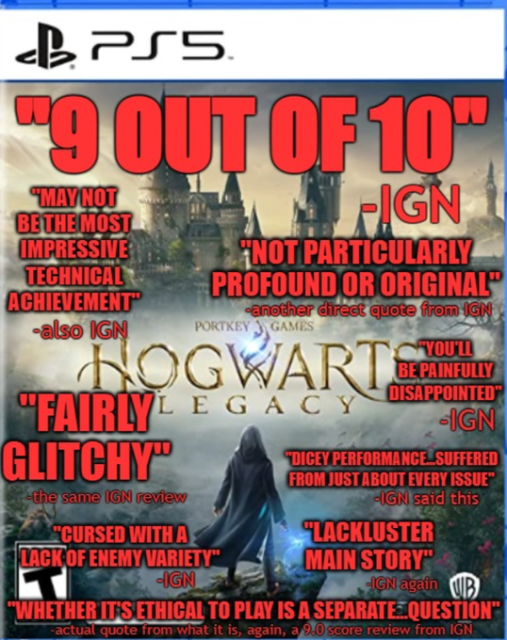 The box art of the PS5 version of Hogwarts Legacy. On the top, in bold, red font, it  says "9 out of 10", the rating IGN gave the game in its review. Underneath are quote, also in red but smaller font:

"May not be the most impressive technical achievement" - also IGN

"Fairly glitchy" - the same IGN review

"Cursed with a lack of enemy variety" - IGN

"Not particularly profound or original" - another direct quote from IGN

"You'll be painfully disappointed" - IGN

"Dicey performance, suffered from just about every issue" - IGN said this

"Lackluster main story" - IGN again

"Whether it's ethical to play is a separate… question" - actual quote from what is, again, a 9.0 score review from IGN