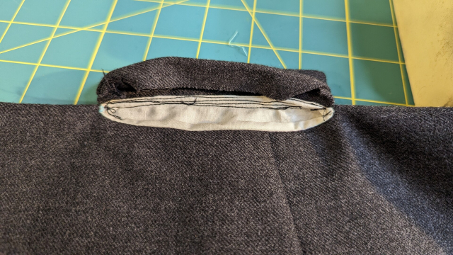 The inside of a pocket welt, sporting five lines of stitching, because it took five tries to get it right