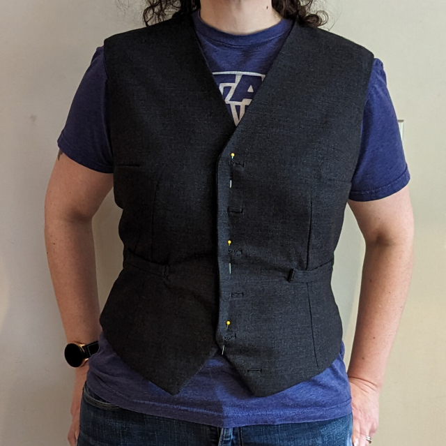 A newly constructed waistcoat, pinned in place at the front
