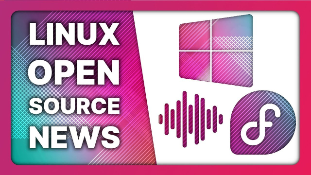 Thumbnail of a youtube video with the text "Linux open source news" on the left, and a windows logo, a voice waveform, and a fedora logo on the right, over a white cutout