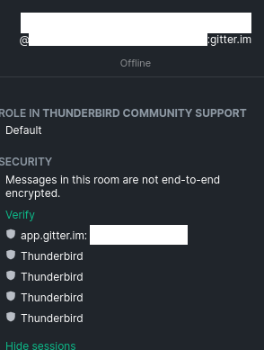 Matrix user profile of a user on the gitter.im homeserver with a session for app.gitter.im and four sessions named "Thunderbird"