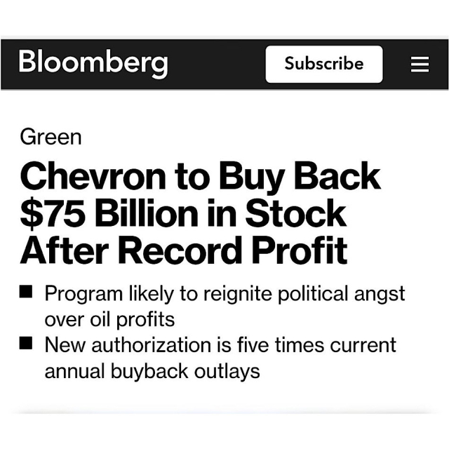 Screenshot from a Bloomberg article. Headline: Chevron to buy back $75 billion in stock after record profits.