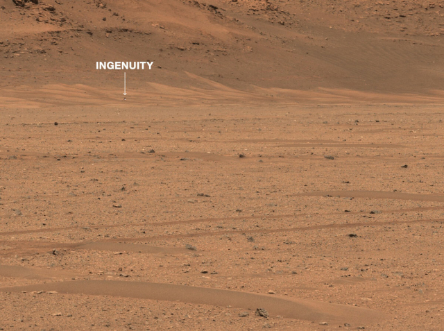 Sol 650 Z-Cam image inadvertently catches the solitary Mars helicopter as it struggles to stay warm Credits: NASA/JPL-Caltech/ASU/MSSS.
