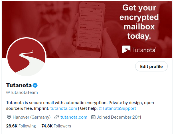 Screenshot of Tutanota's twitter account.