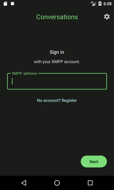 The Conversations setup screen asking the user for their XMPP address. Green and white text on black background. The default dark theme running on devices that do not support Material You.