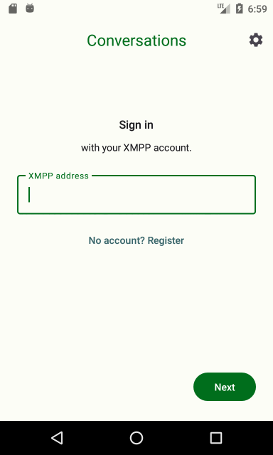 The Conversations setup screen asking the user for their XMPP address. Green and black text on white background. The default light theme running on devices that do not support Material You.