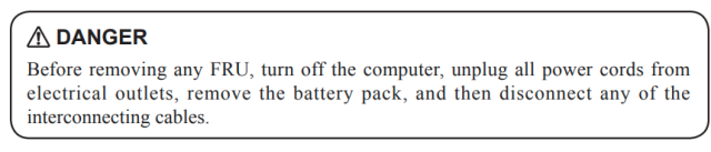 Screenshot from service manual: Danger! Before removing any unit remove the battery pack.