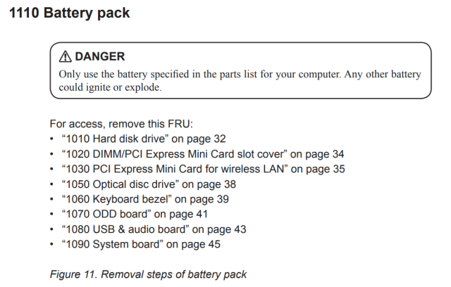 Another screenshot from service manual: To remove battery pack you have to first remove hard disk, pci express slot cover, wifi module, optical drive, keyboard, optical drive board, usb board, main board...