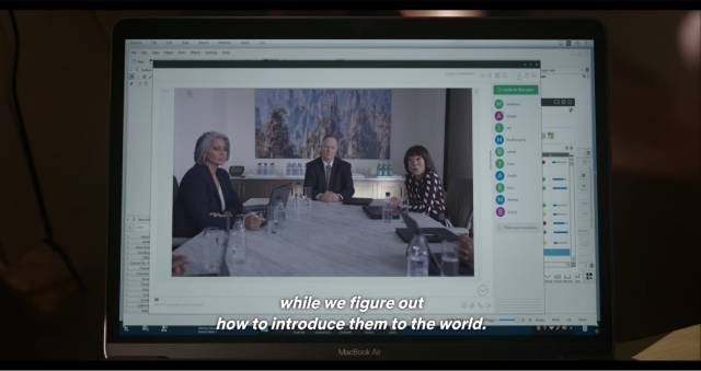 A frame from the series depicting a MacBook Air with an ongoing video call. The background is made of screenshots of various apps (Karbon, Element and some others) on top of a KDE Plasma desktop.