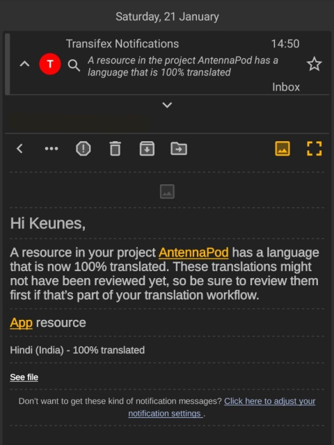 Similar screenshot; email about Hindi (resource: app)