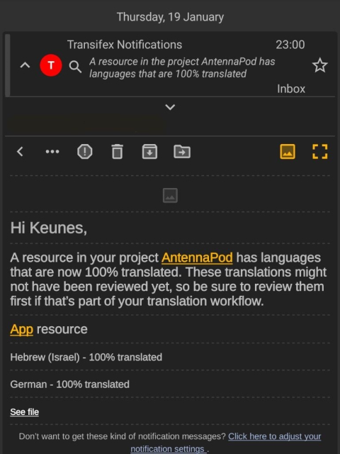 Similar screenshot; email about Hebrew & German (resource: app)