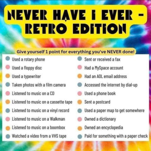 Quiz. 

Title: Never Have I Ever. 

Text: Give yourself 1 point for every thing you've never done from this list:

List follows:

Used a rotary phone
Sent or received a fax
Used a floppy disc
Had a MySpace account
Used a typewriter
Had an AOL email address
Taken photos with a film camera
Accessed the internet by dial-up
Listened to music on a CD
Listened to music on a cassette tape
Listened to music on a vinyl record
Listened to music on a Walkman
Listened to music on a boombox
Watched a video from a VHS tape
Used a phone book
Sent a postcard
Used a paper map to get somewhere
Owned a dictionary
Owned an encyclopedia
Paid for something with a paper check