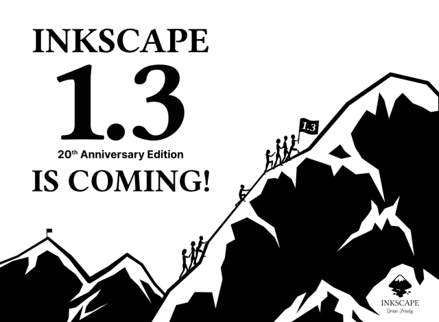 Image of three mountains, the third a high peak with climbers in shadows and the words "Inkscape 1.3 20th Anniversary Edition is coming!"