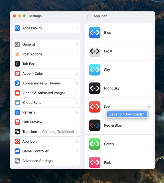 Screenshot of Mona Settings, showing alternative app icons.