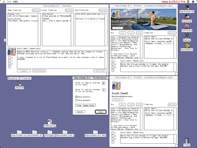 Screen capture of a Macintosh desktop running Macstodon 0.5, with two identical profile windows open, one showing the background banner and one without it.

There is also a new "Preferences" window open, with the following options:
 - Toots to load at startup (0 for none)
 - Toots to load on refresh (0 for unlimited)
 - Show Avatars
 - Show Banners
 - Clear Image Cache