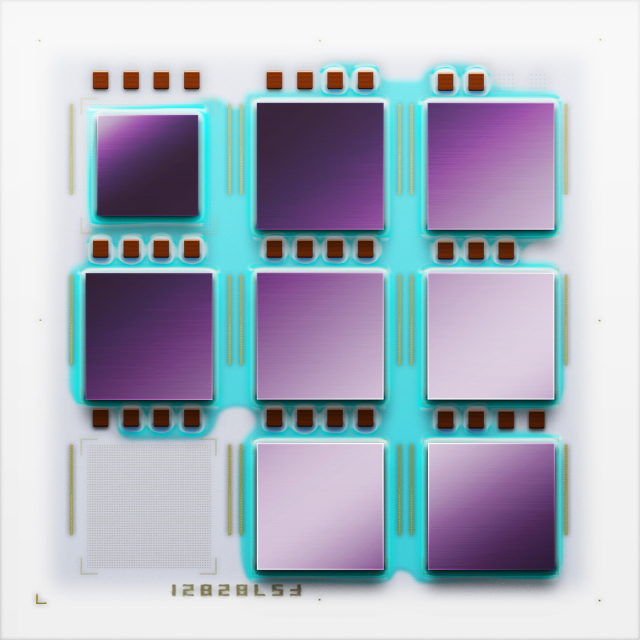 A multi-chip-module in a white ceramic substrate. There is a light teal epoxy of some sort coating a large part of substrate. 8 chip dies are arranged as if in a 3x3 grid with one spot in the lower missing a die. The dies are a purplish color. 