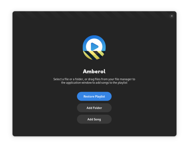 The landing screen in Amberol, with a new option to let you restore the previous playlist